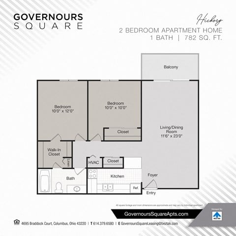 Floor plan for 2 beds, 1 bath, 782 sqft